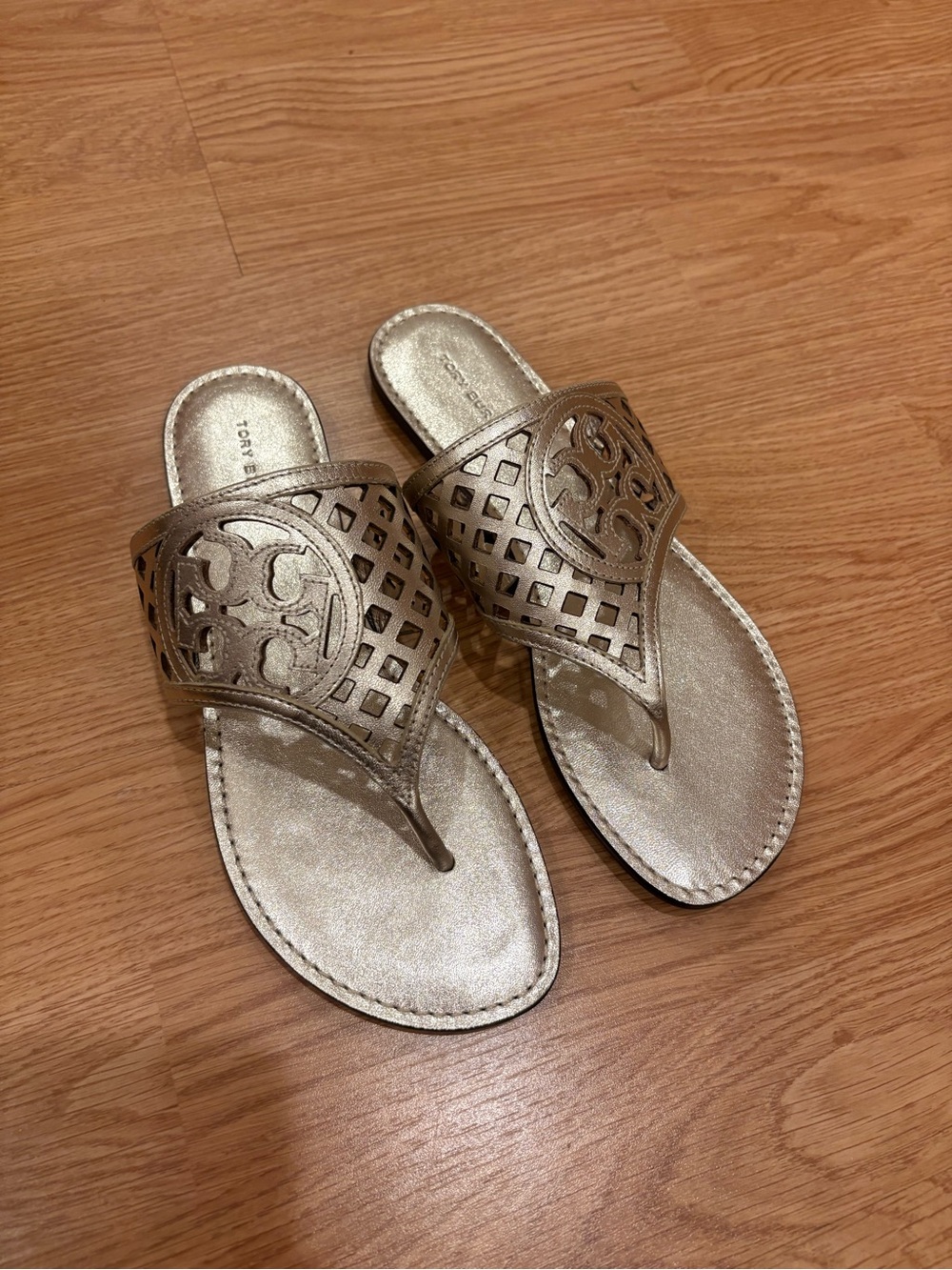 Tory Burch Metallic Gold Laser-Cut Thong Sandals